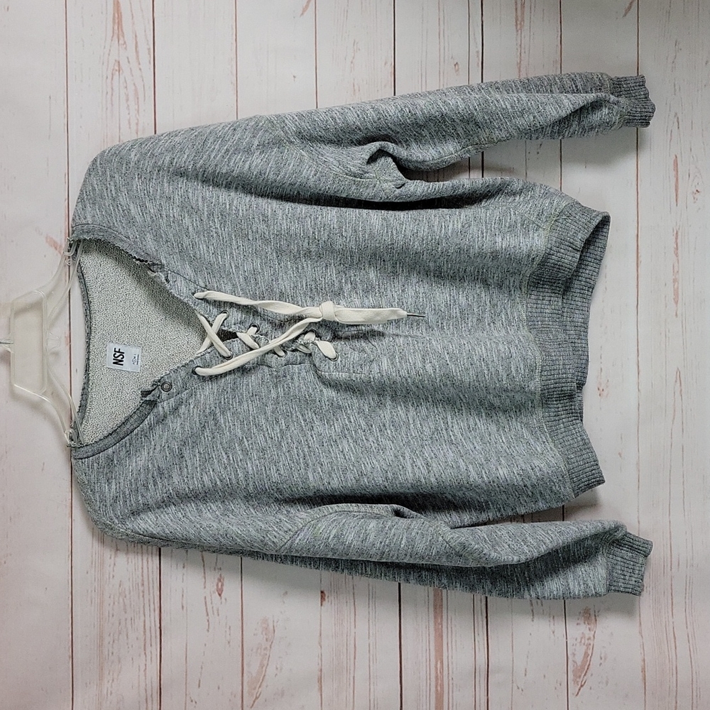 NSF Gray Lace Front Long Sleeve Pullover Casual Sweatshirt  Small